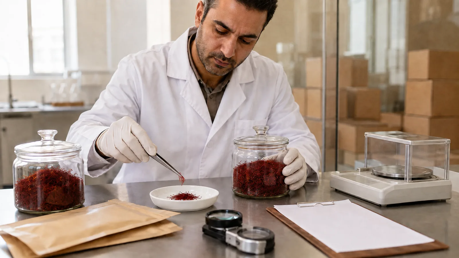 Laboratory specialist checking Iranian saffron threads for export authenticity