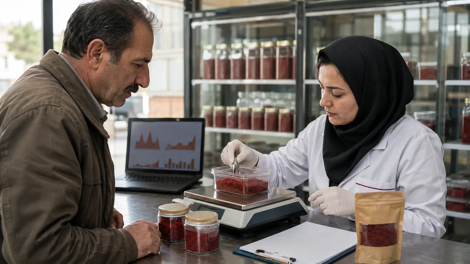 Iranian grower and warehouse clerk weighing saffron for commodity exchange trading