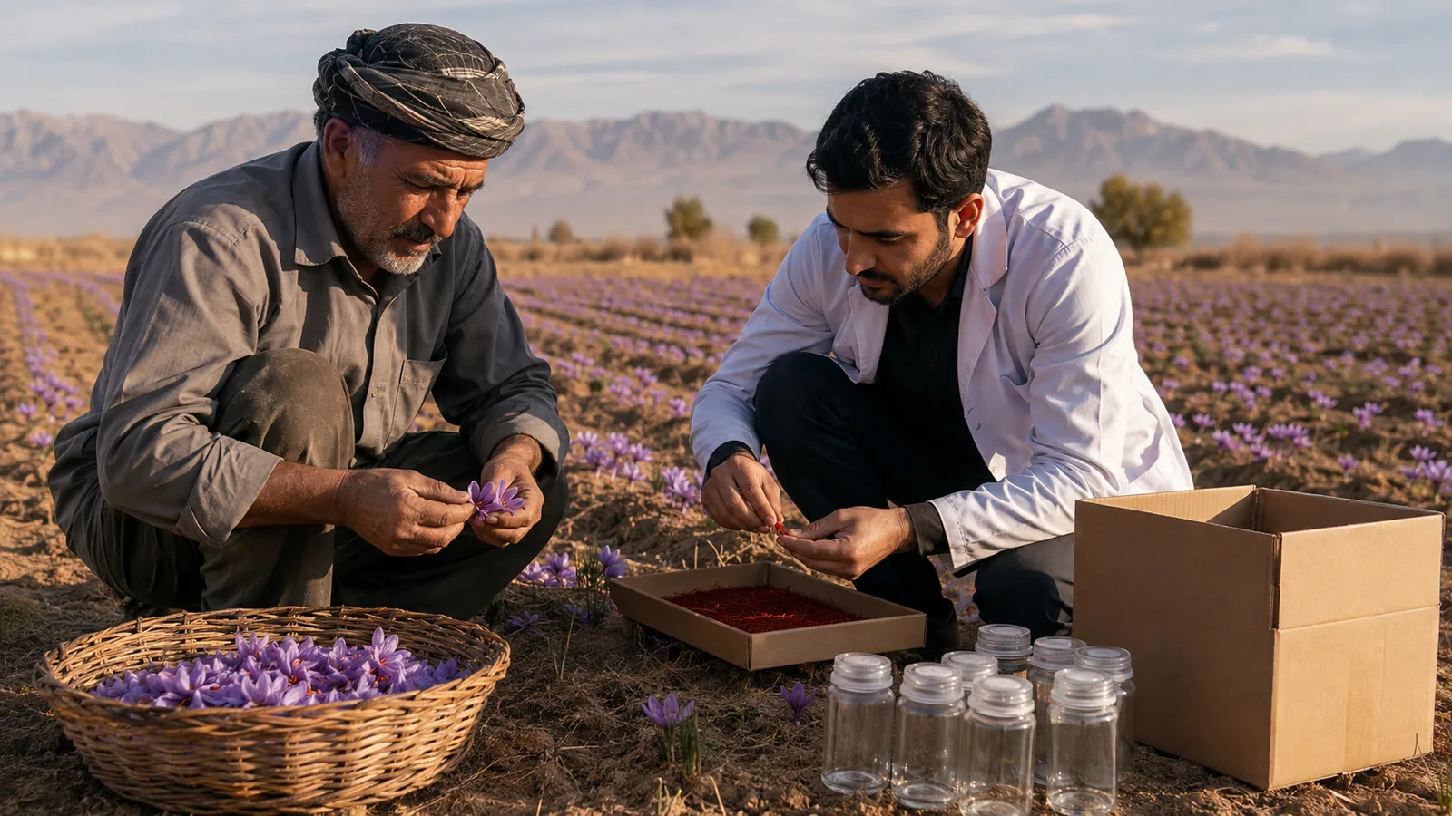 Iranian saffron grower and quality specialist inspecting saffron harvest