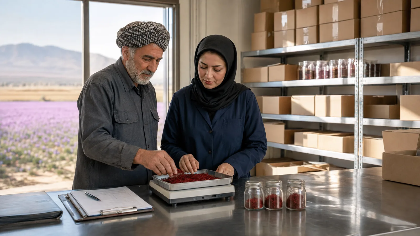 Iranian saffron farmer and warehouse clerk inspecting saffron for exchange trading