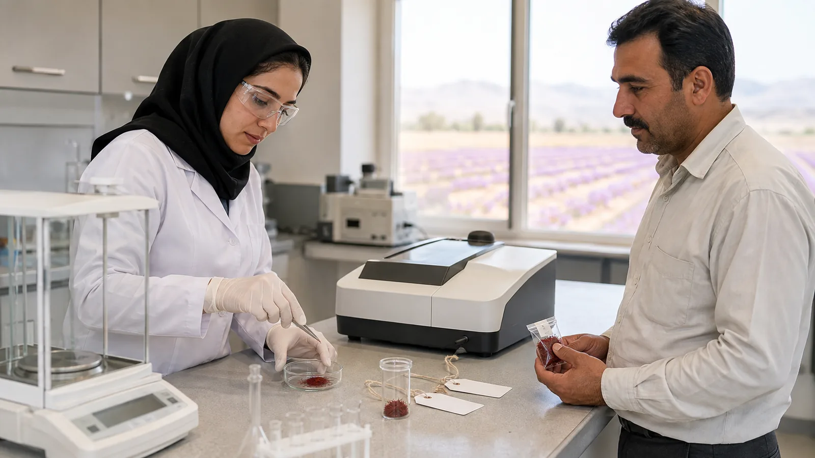 Laboratory specialist testing a saffron sample for international quality requirements