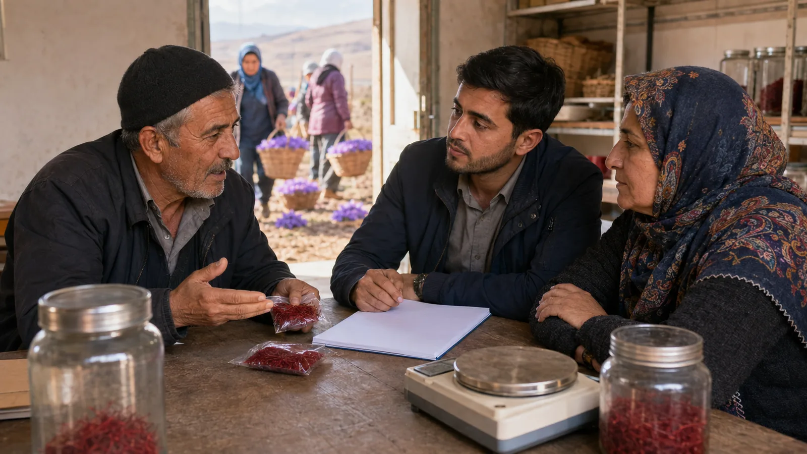 Iranian saffron growers reviewing a harvest lot and sale terms at a rural cooperative