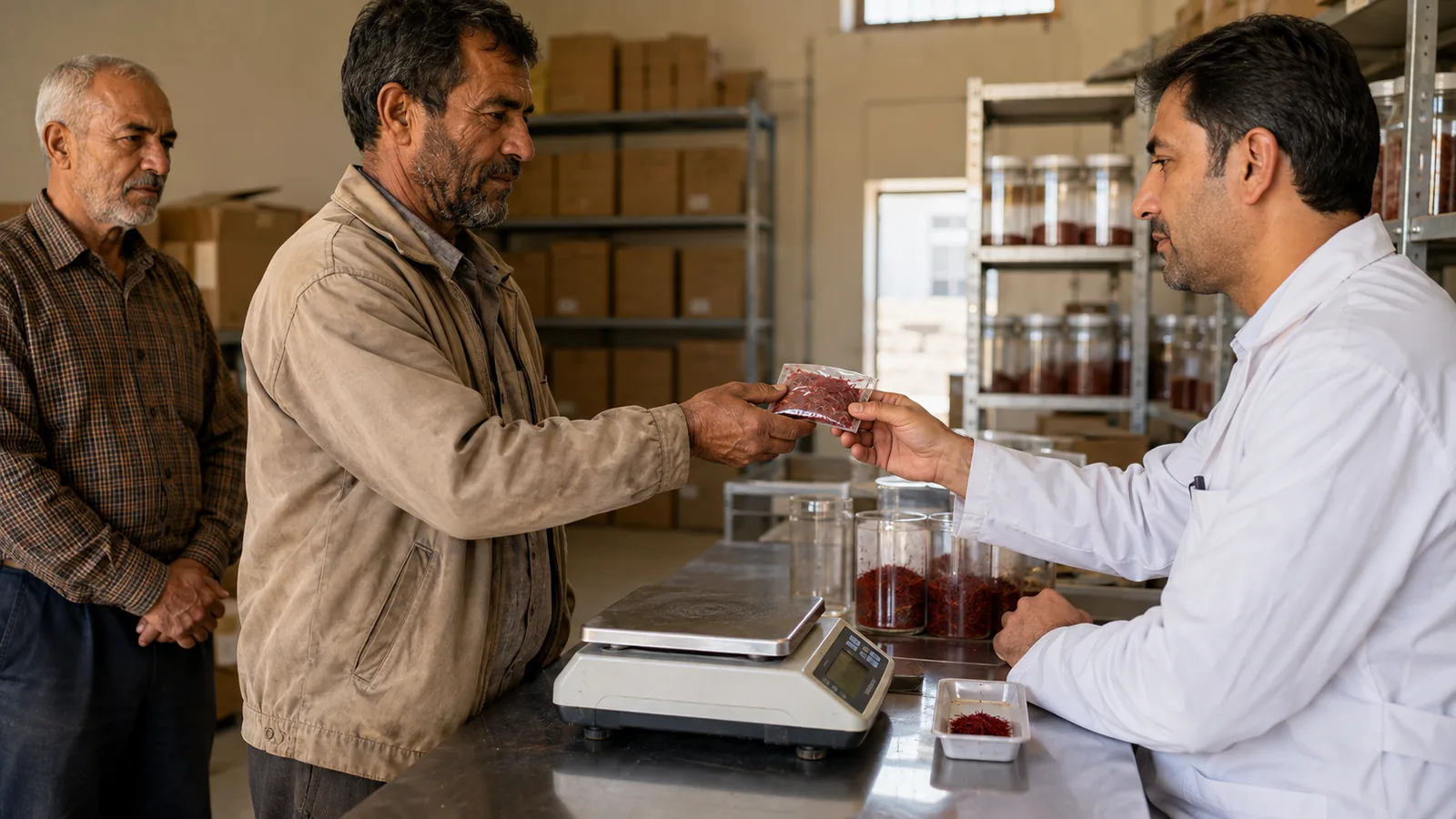 Farmer delivering saffron to a technician at a commodity warehouse