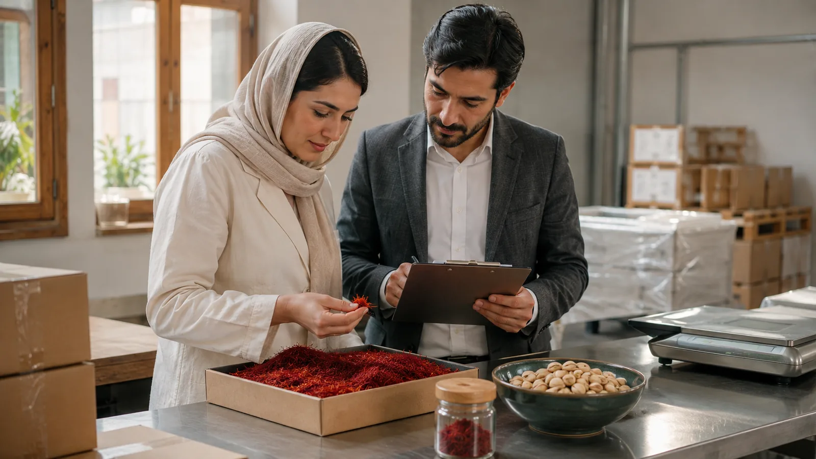 Export professionals reviewing saffron and pistachio lots for quality