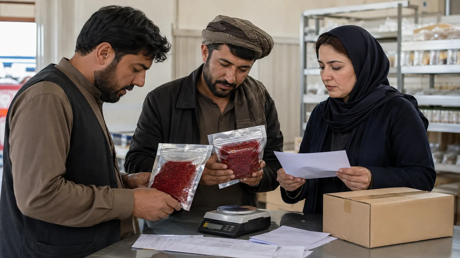 Saffron traders and a quality officer reviewing origin documents and sealed lots
