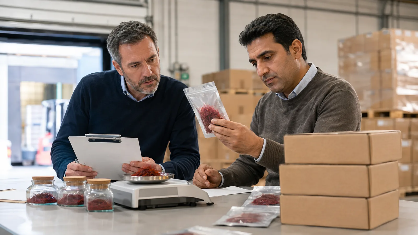 Spanish importer and Iranian exporter inspecting a sealed saffron shipment