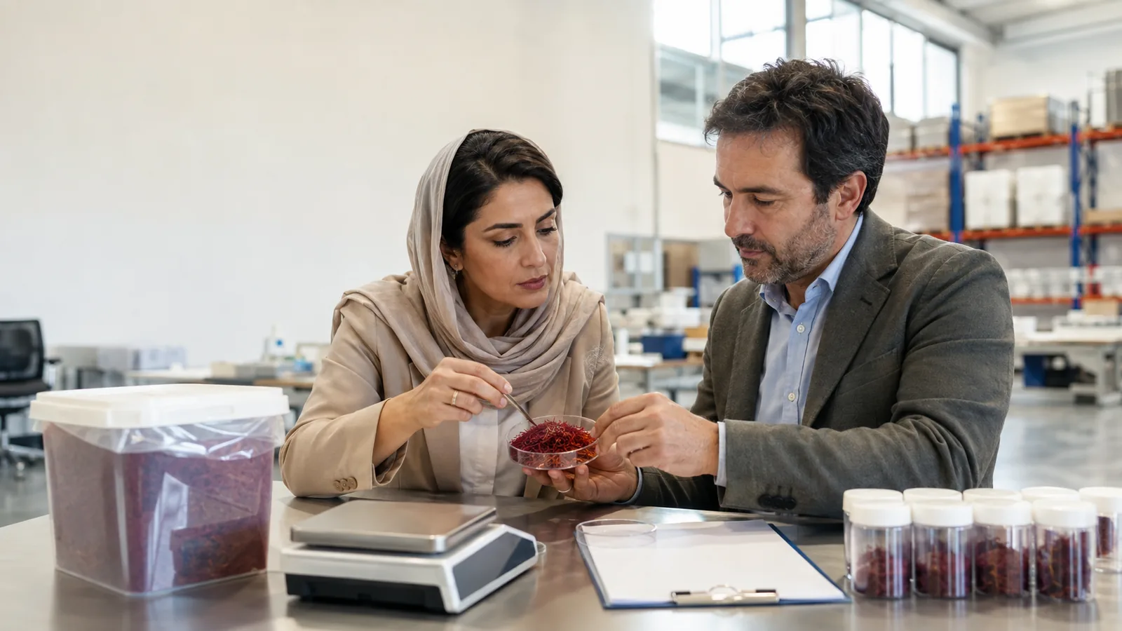 Specialists inspecting Iranian saffron for global trade