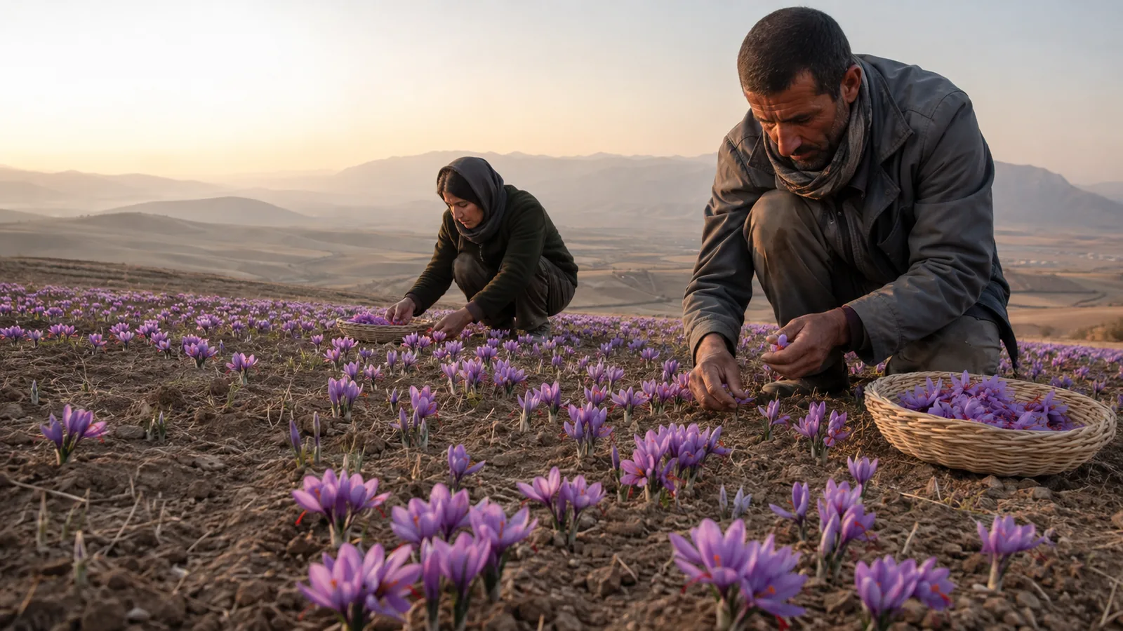 Workers harvesting saffron flowers in Kermanshah fields