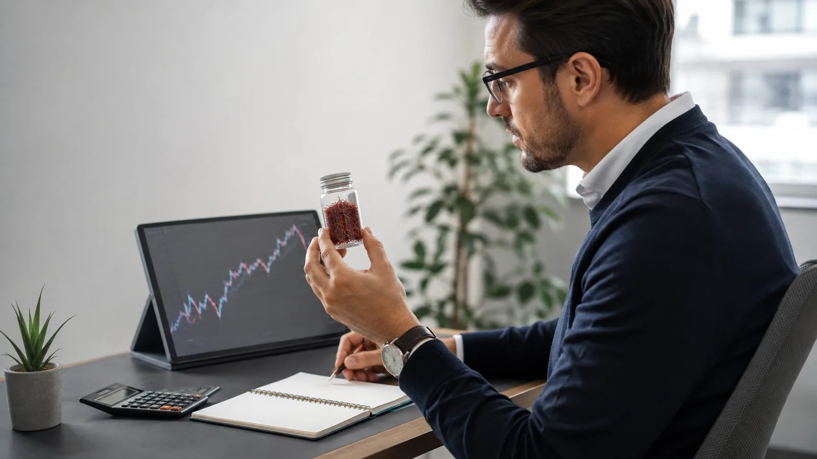 Analyst reviewing saffron investment fund market data