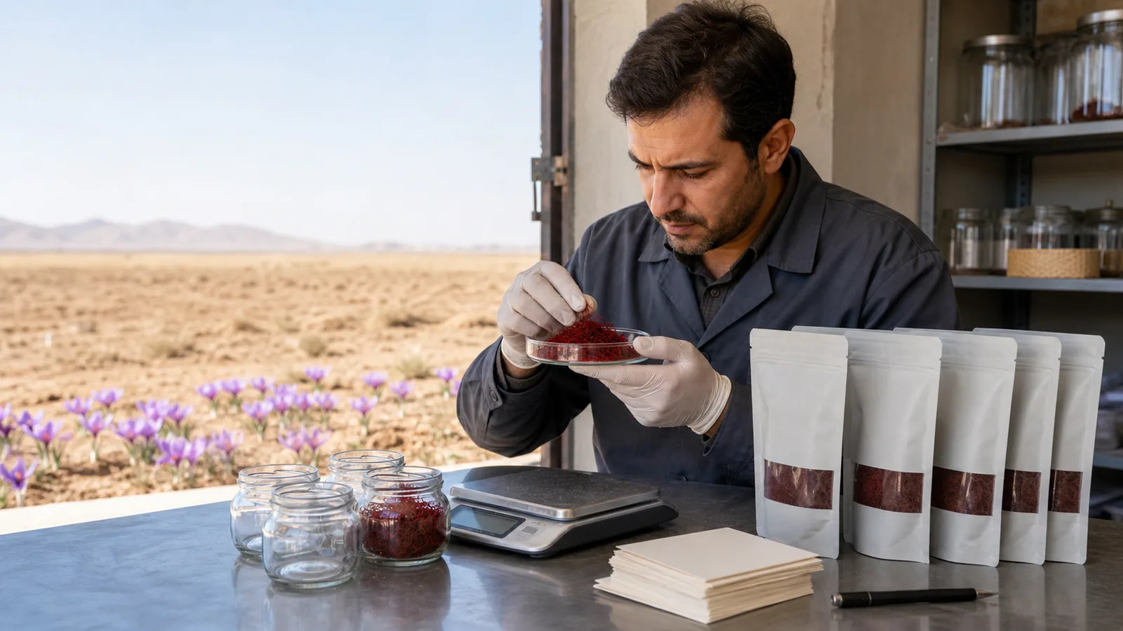 Isfahan producer inspecting saffron for export packaging