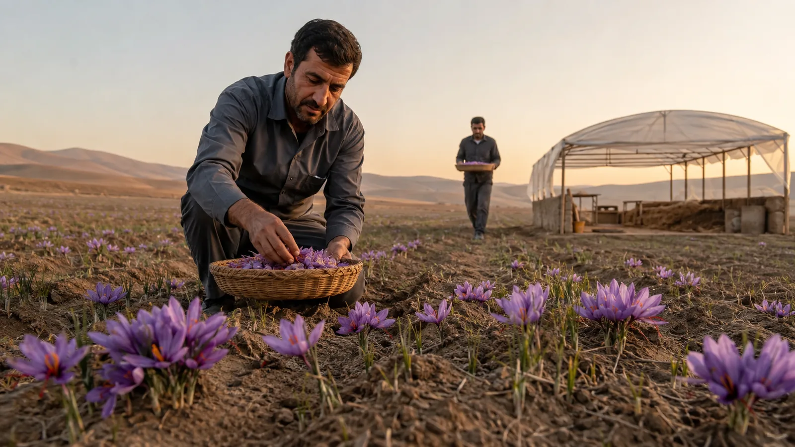 Farmer harvesting saffron flowers in an East Azerbaijan field