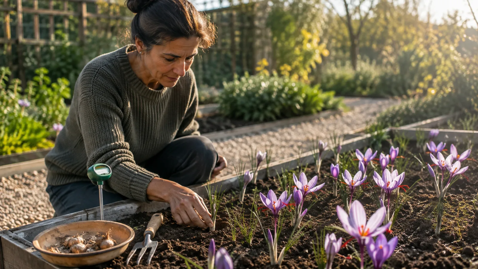 Gardener caring for Crocus sativus in a well-drained raised bed