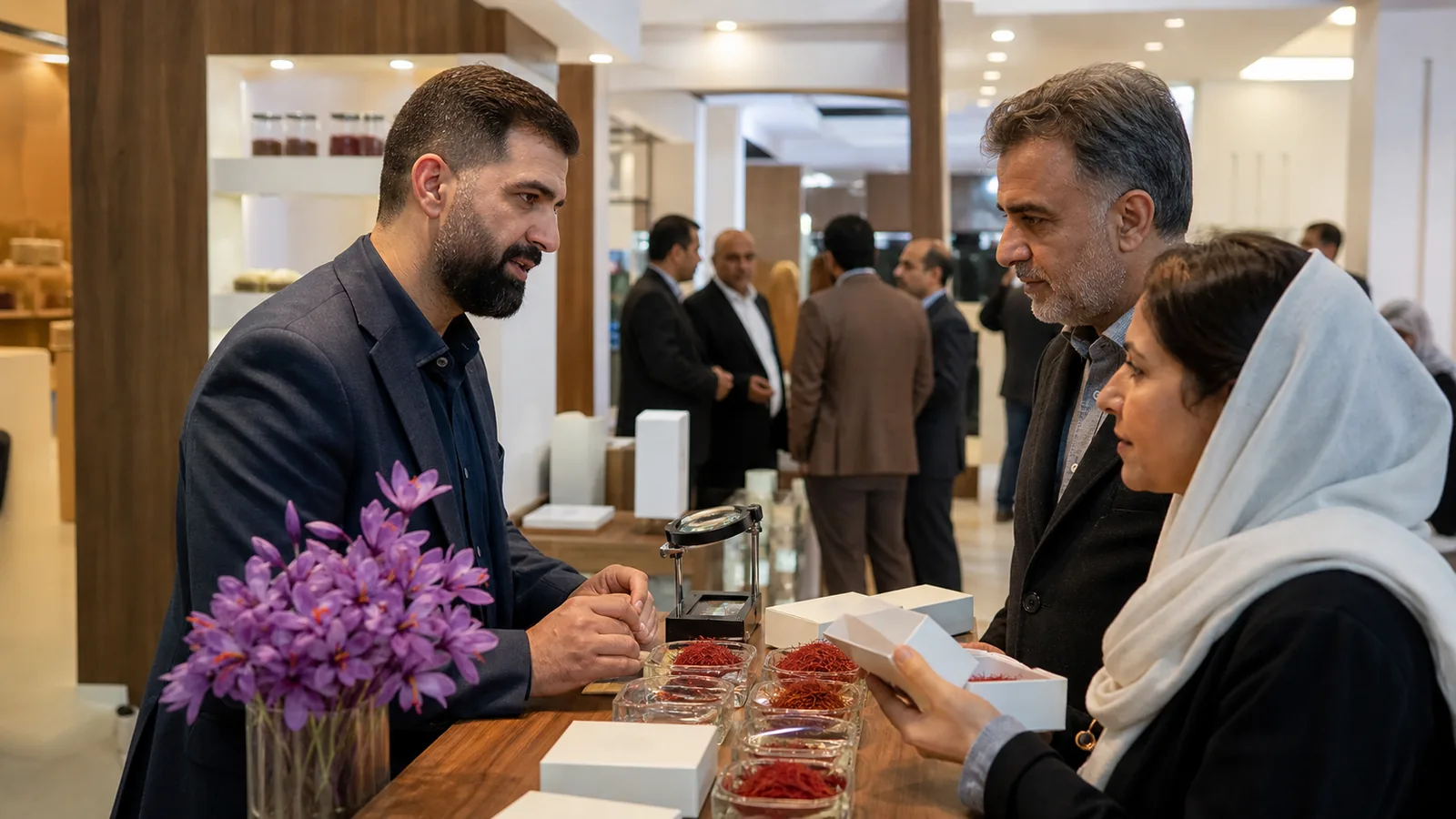 Iranian saffron producer meeting buyers at a modern festival