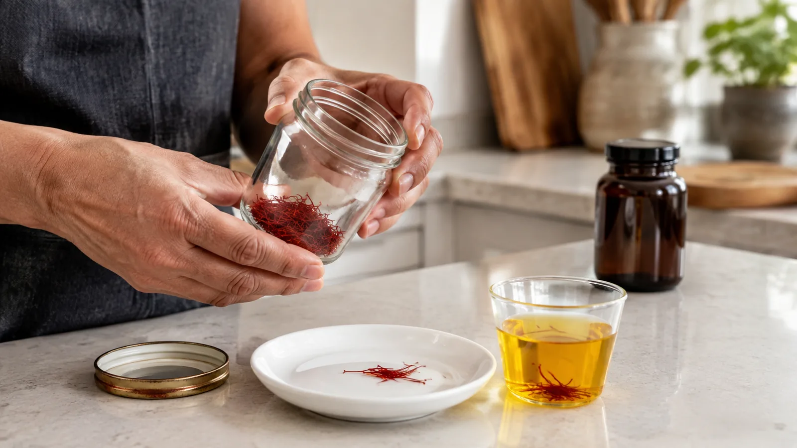 Cook inspecting old saffron threads beside a warm-water bloom test