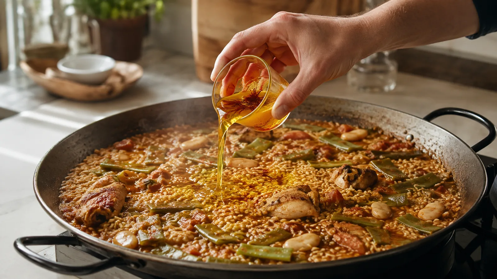 Cook pouring saffron infusion into a traditional paella pan