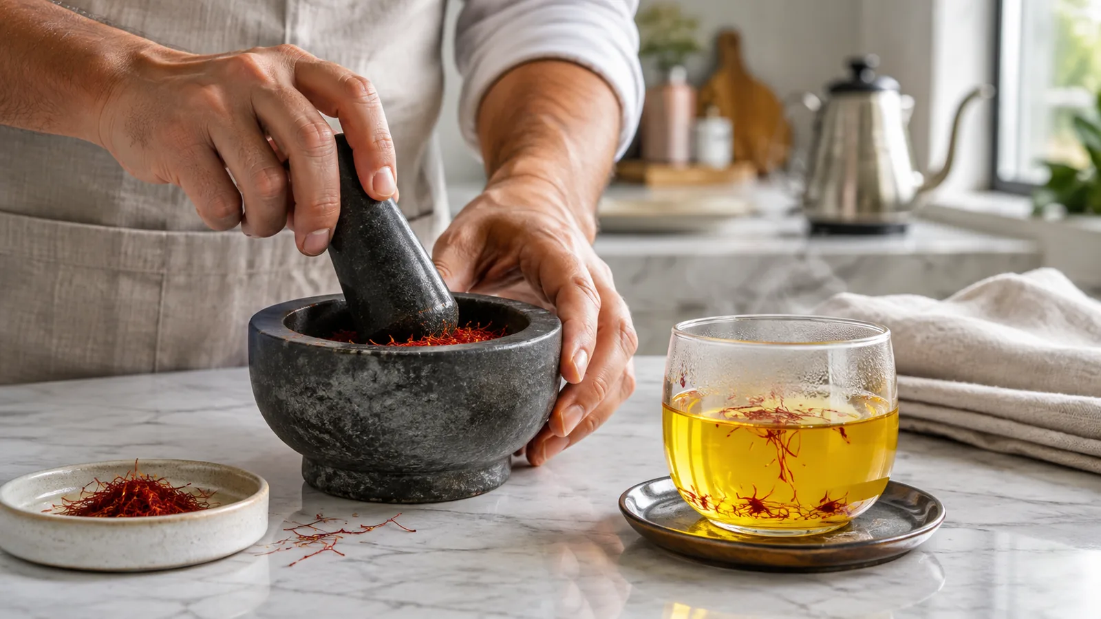 Cook crushing saffron threads beside a warm golden infusion