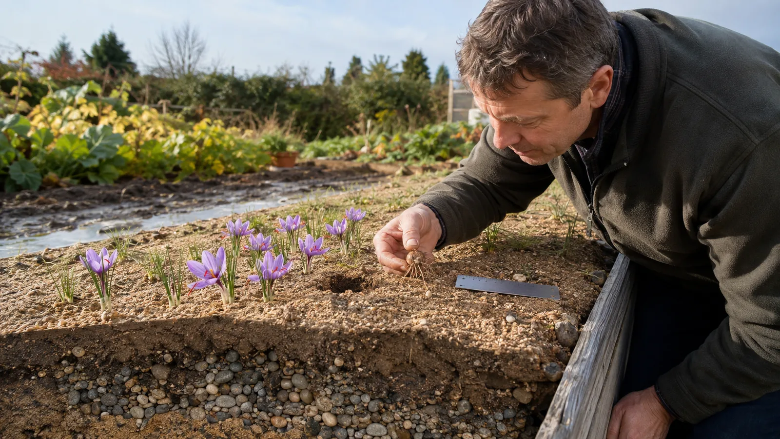 Grower checking a saffron corm in a sunny raised bed with good drainage