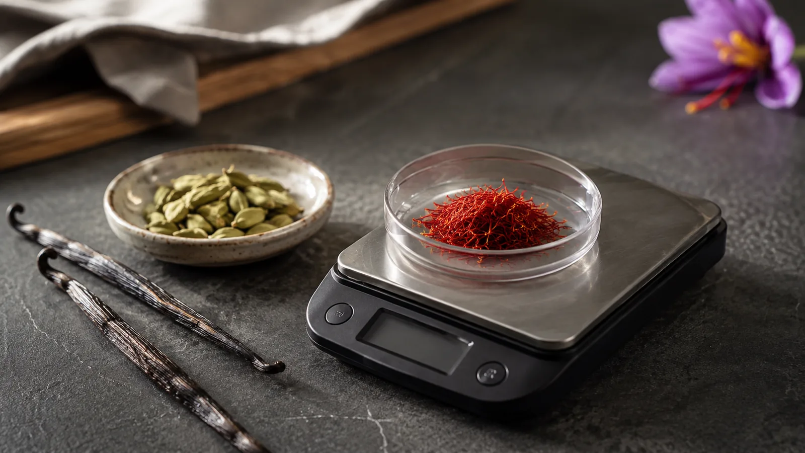 Saffron threads on a scale beside vanilla and cardamom
