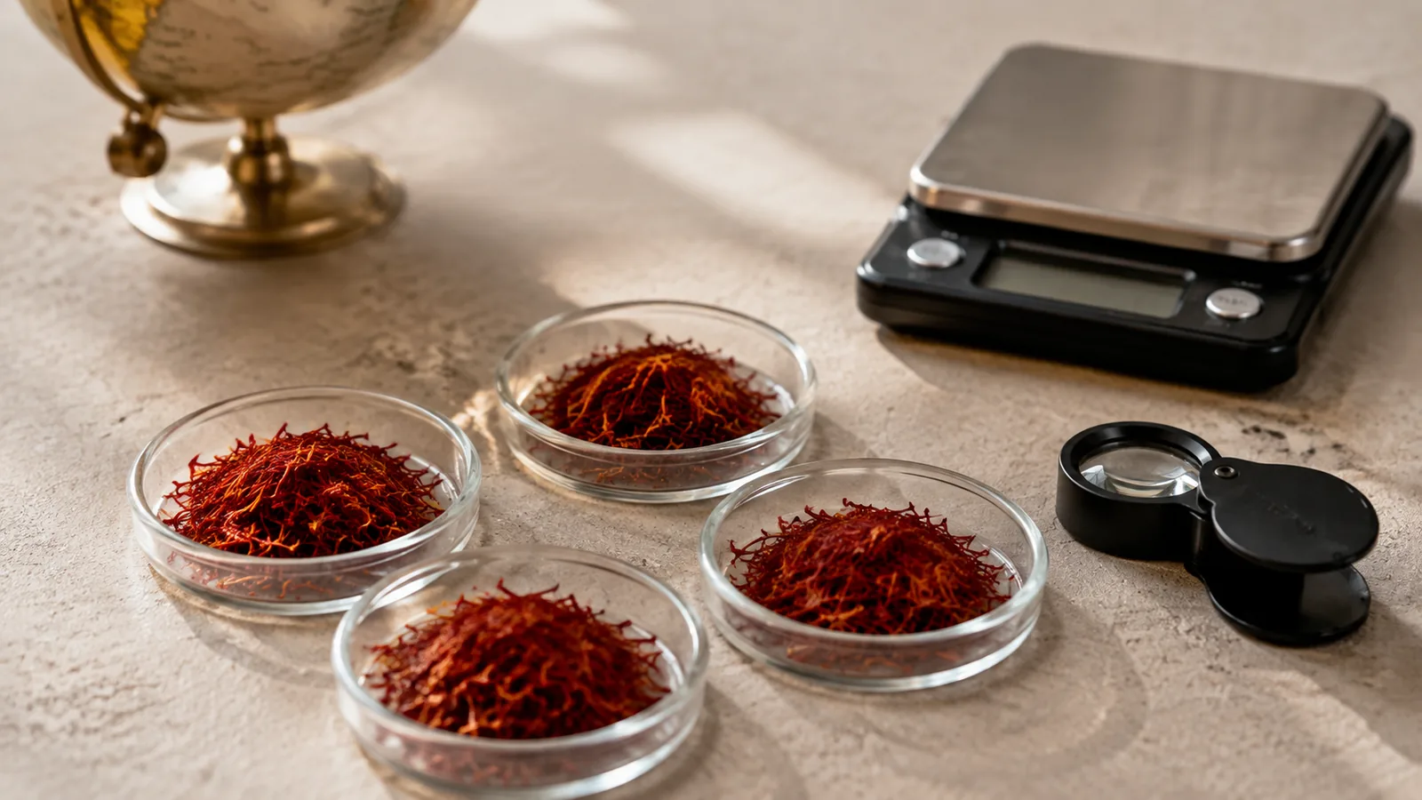 Four saffron thread samples beside a scale and inspection loupe