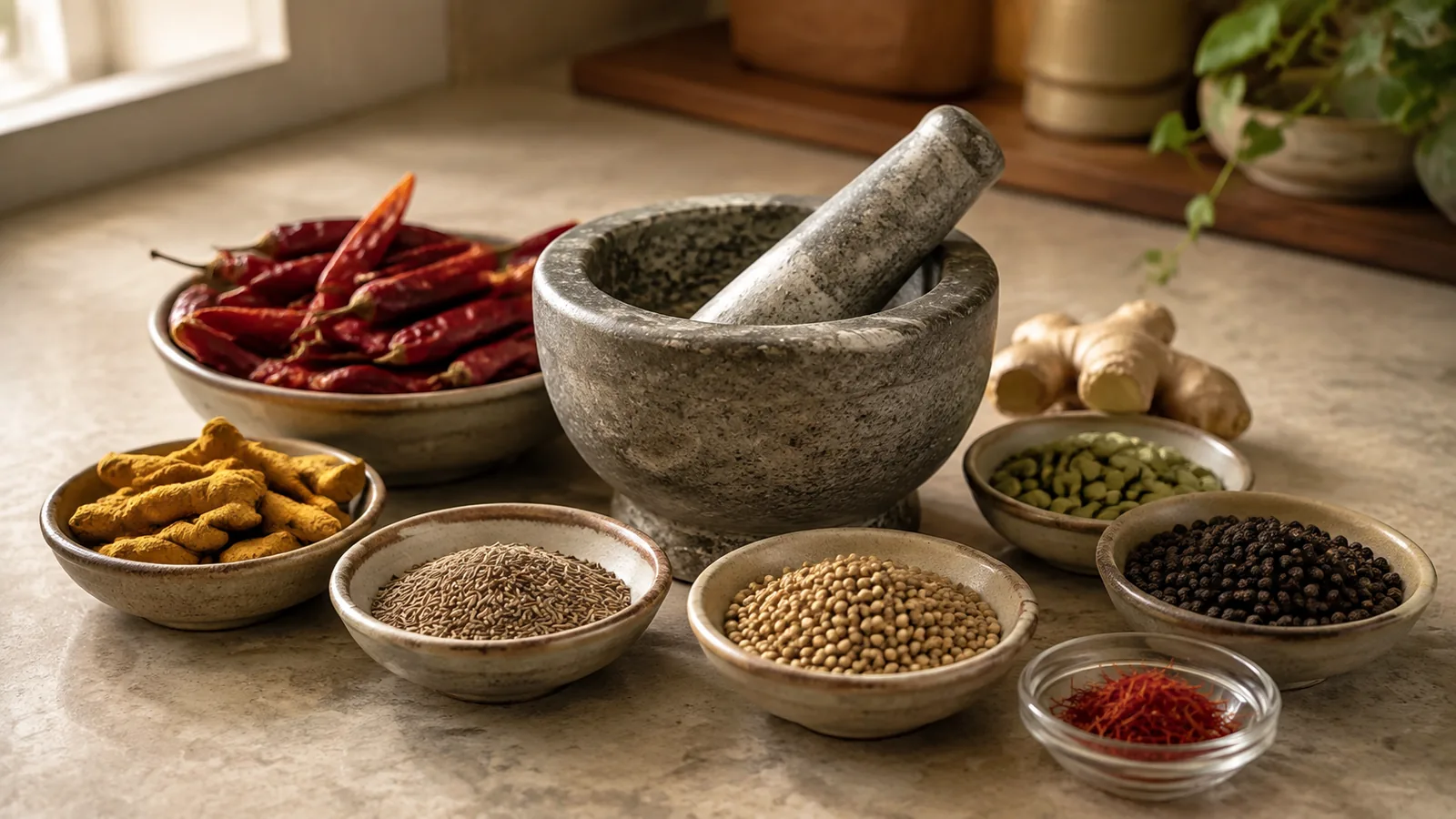 Chilli, turmeric, cumin, coriander, cardamom, pepper and saffron around a mortar