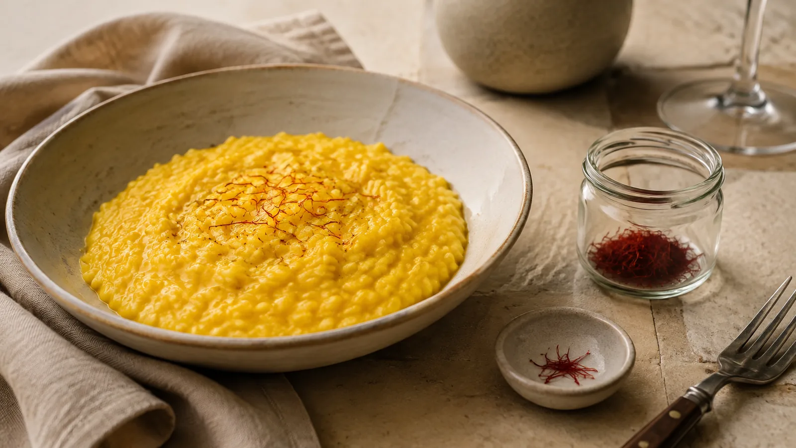 Saffron risotto beside a small jar and measured pinch of saffron threads