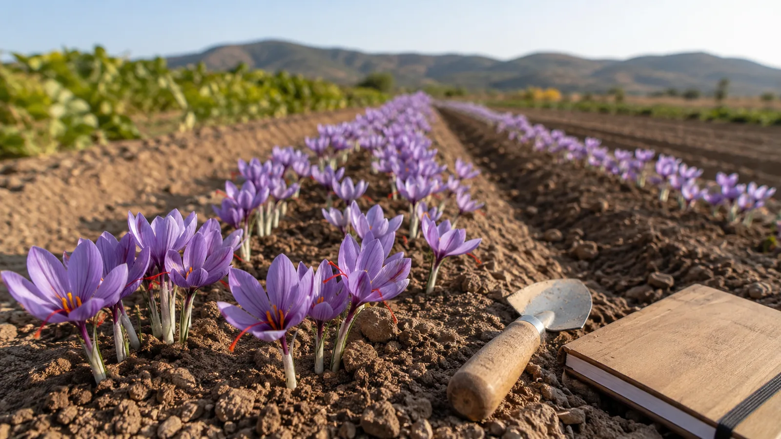 Saffron crocus rows in well-drained soil beside a field notebook and trowel