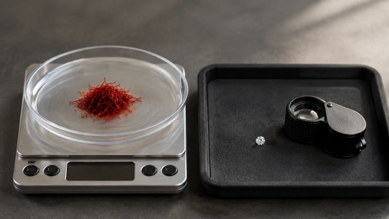 Saffron on a scale beside a small loose diamond and jewellers loupe