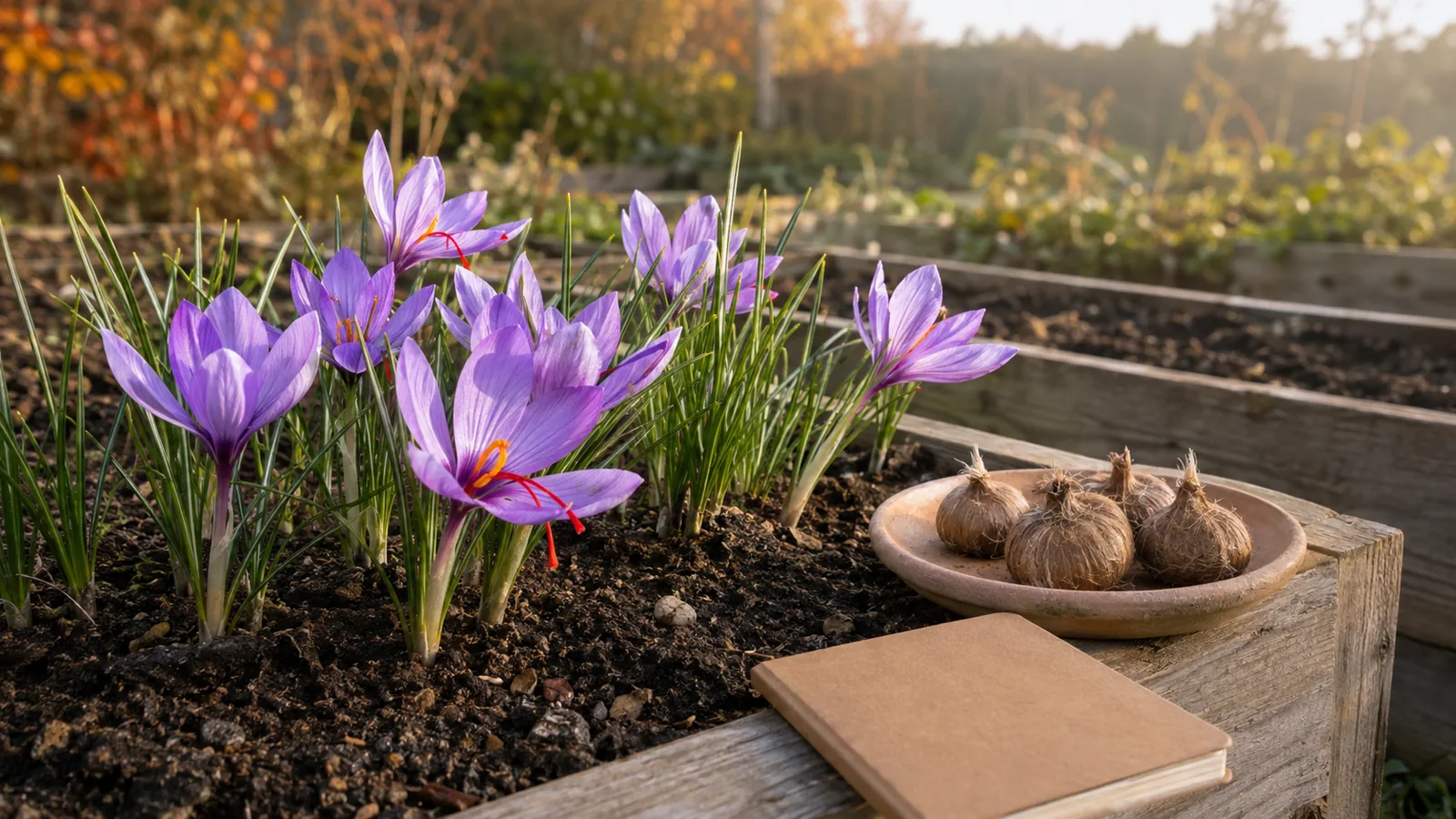 Saffron flowers in a raised bed beside dormant corms and a garden notebook