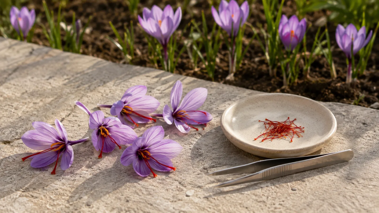 Fresh saffron crocus flowers and red stigmas prepared for a home harvest
