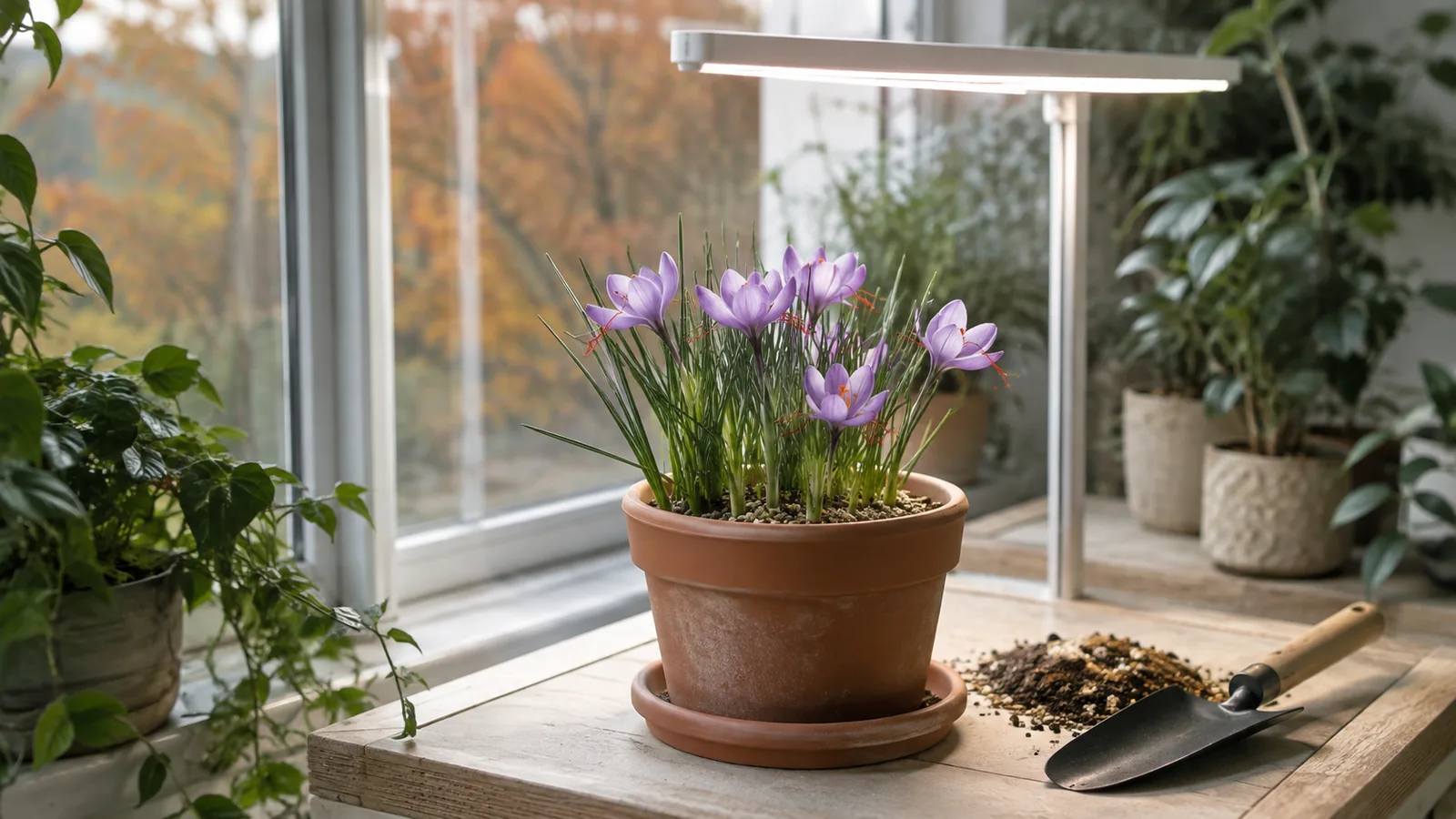Saffron crocus growing indoors in a drained terracotta pot under a grow light
