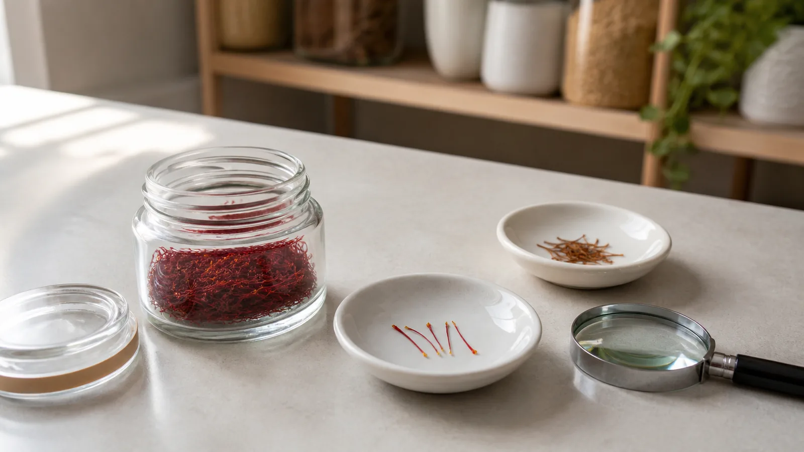 Fresh red saffron threads compared with a separate faded sample beside a glass jar