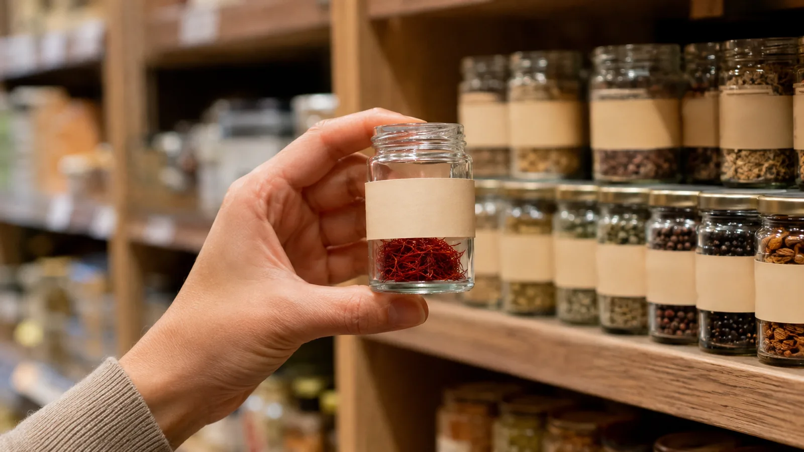 Shopper checking an unbranded jar of saffron threads in a grocery spice aisle