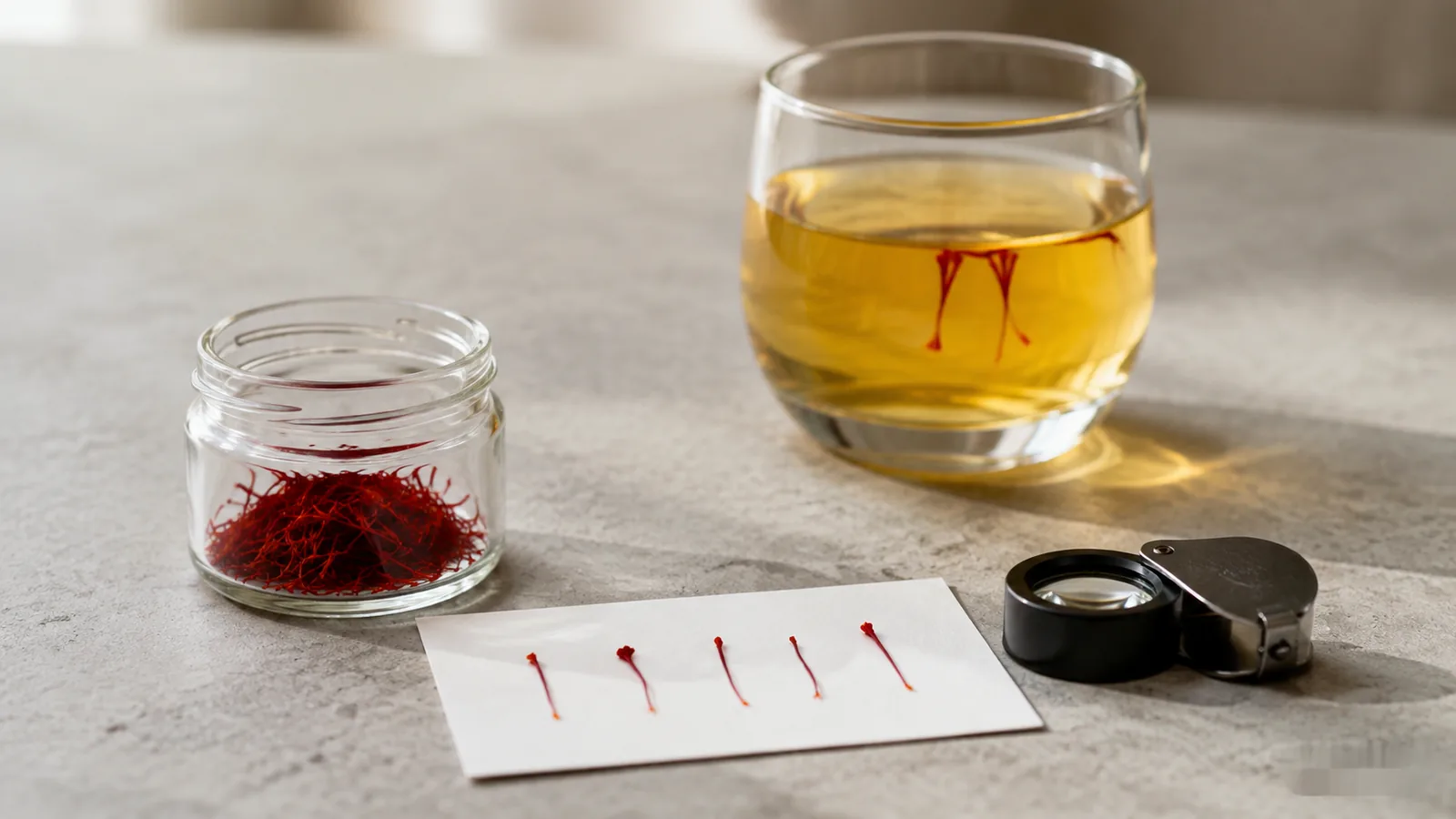 Whole saffron threads inspected beside a loupe and a clear golden infusion