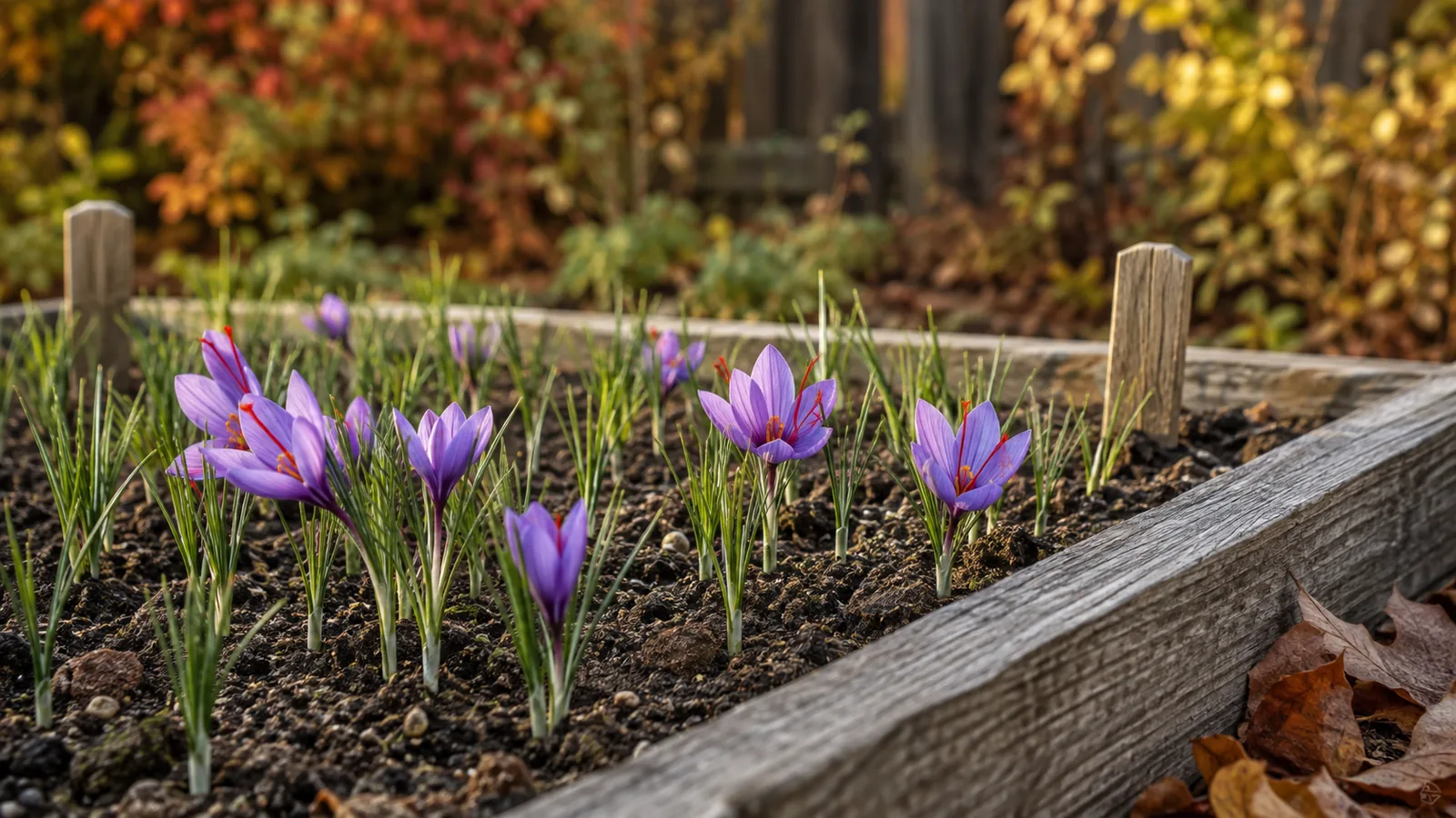 Saffron flowers and new shoots returning in an established raised garden bed