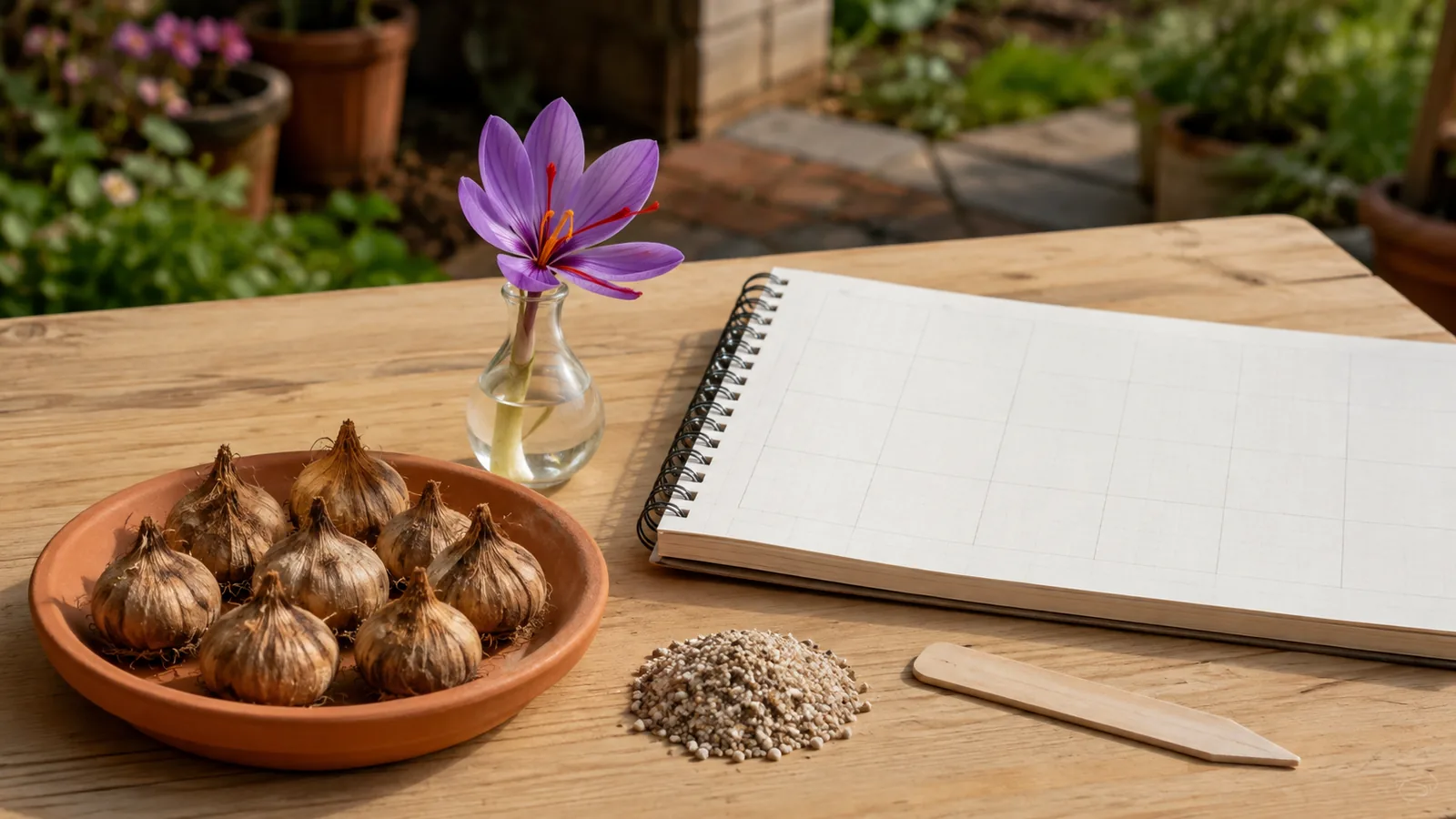 Saffron corms and one saffron flower beside a blank garden planner