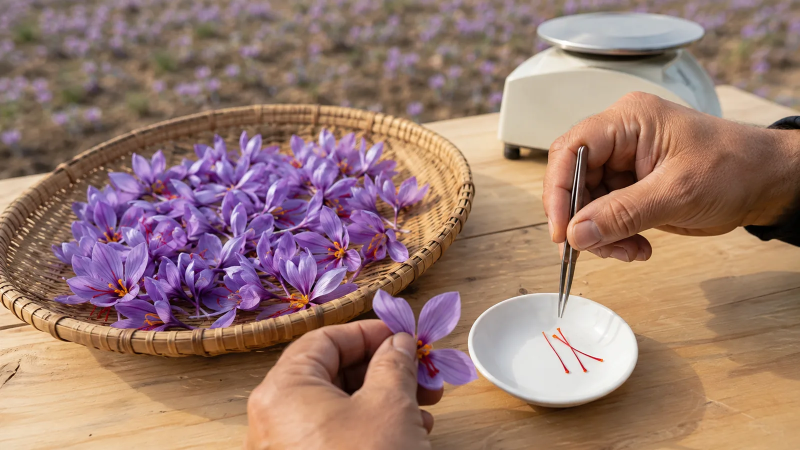 Worker separating three red saffron stigmas from a tray of freshly picked flowers