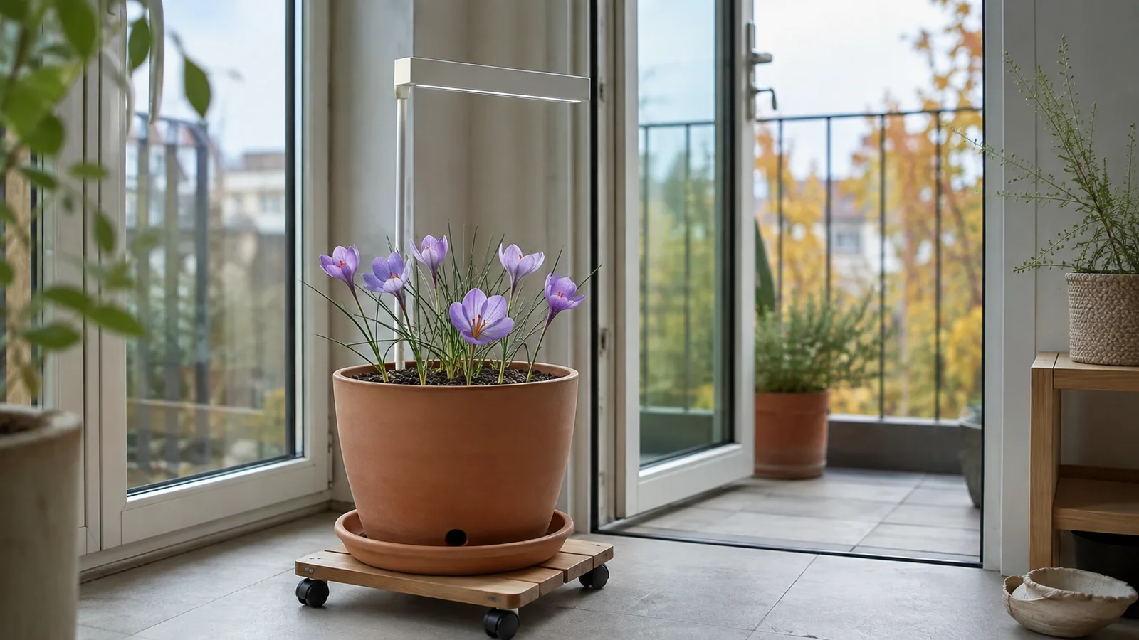 Indoor saffron crocus growing in a drained terracotta pot beside a bright balcony