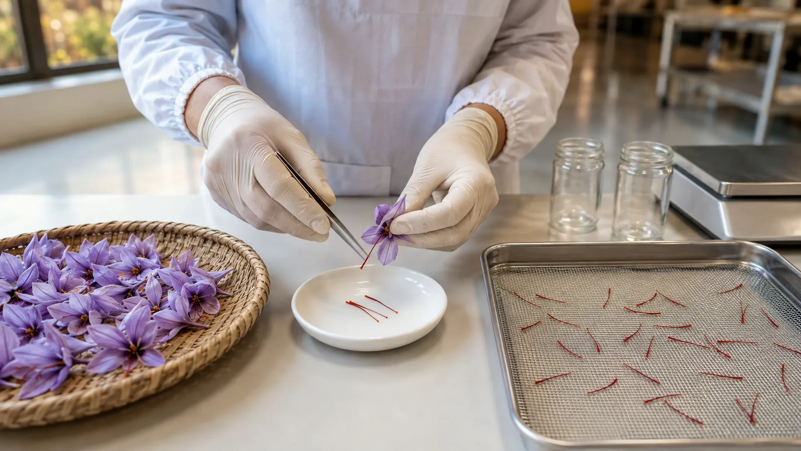 Worker separating saffron stigmas beside a sparse drying tray in a clean processing room