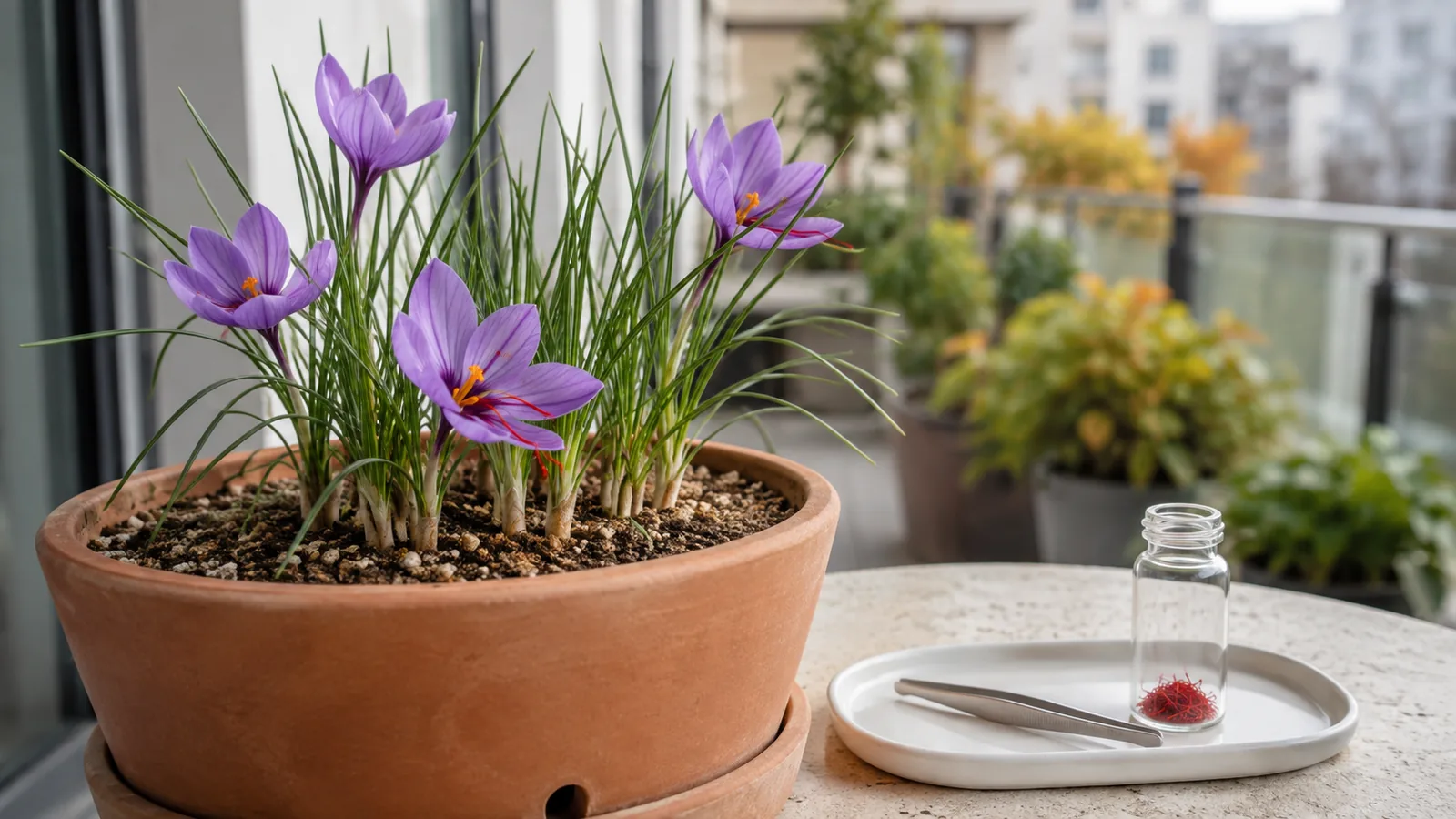 Homegrown saffron flowers in a patio pot beside a tiny vial of dried threads