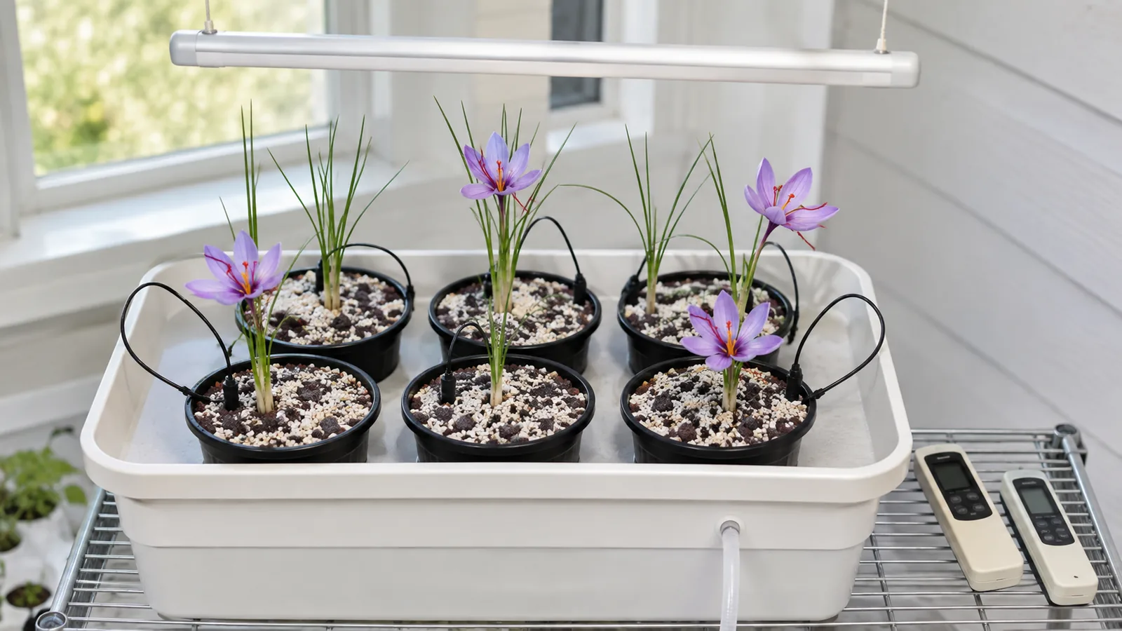 Six substrate-supported saffron pots with drip lines and four flowers in a home hydroponic system