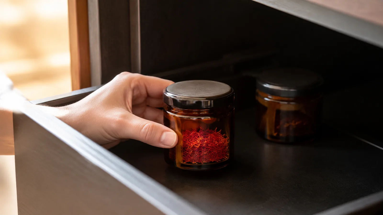 Airtight amber jar of saffron threads stored in a cool dark pantry drawer