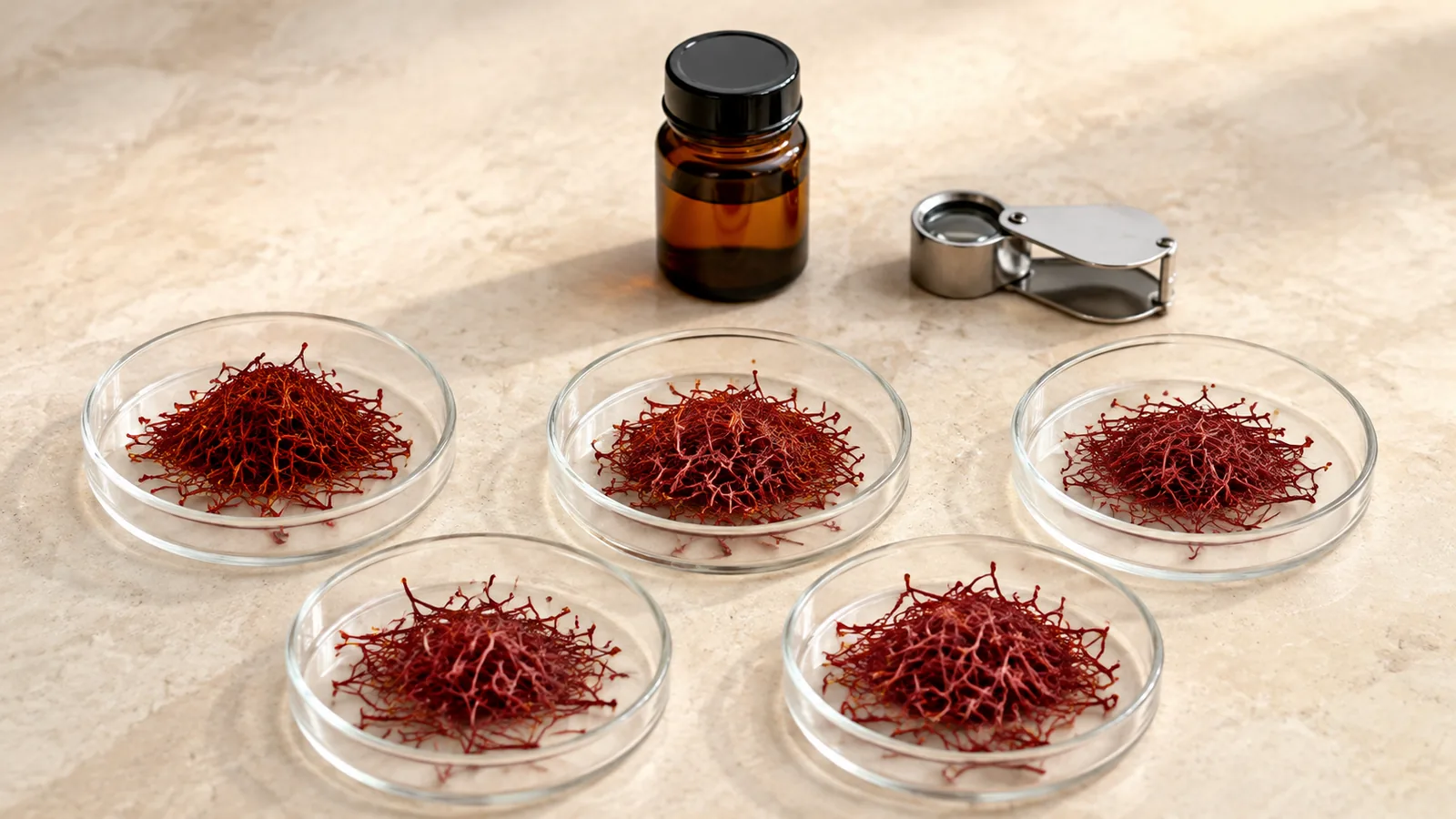 Five glass dishes of saffron threads prepared for quality comparison