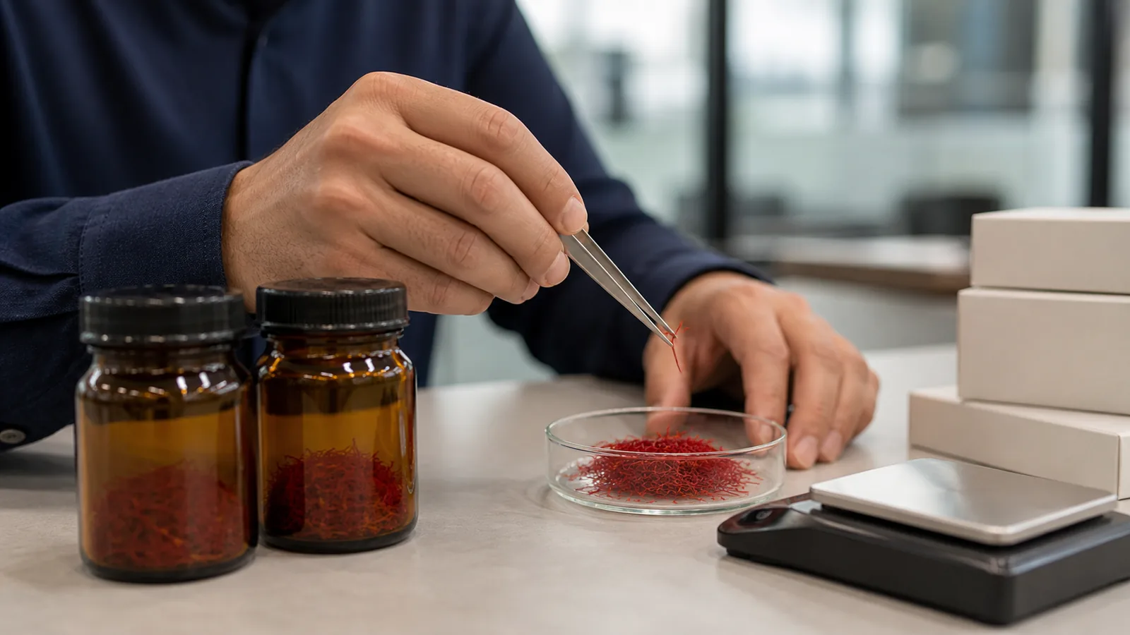 Professional saffron buyer inspecting threads beside sealed sample jars and a scale