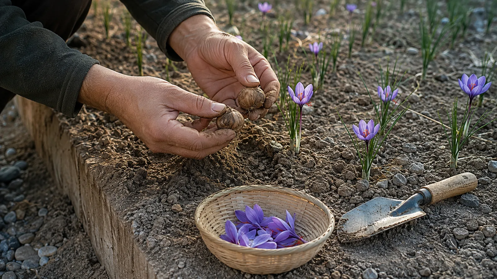 Grower inspecting saffron corms beside a sparse flowering bed and harvest basket