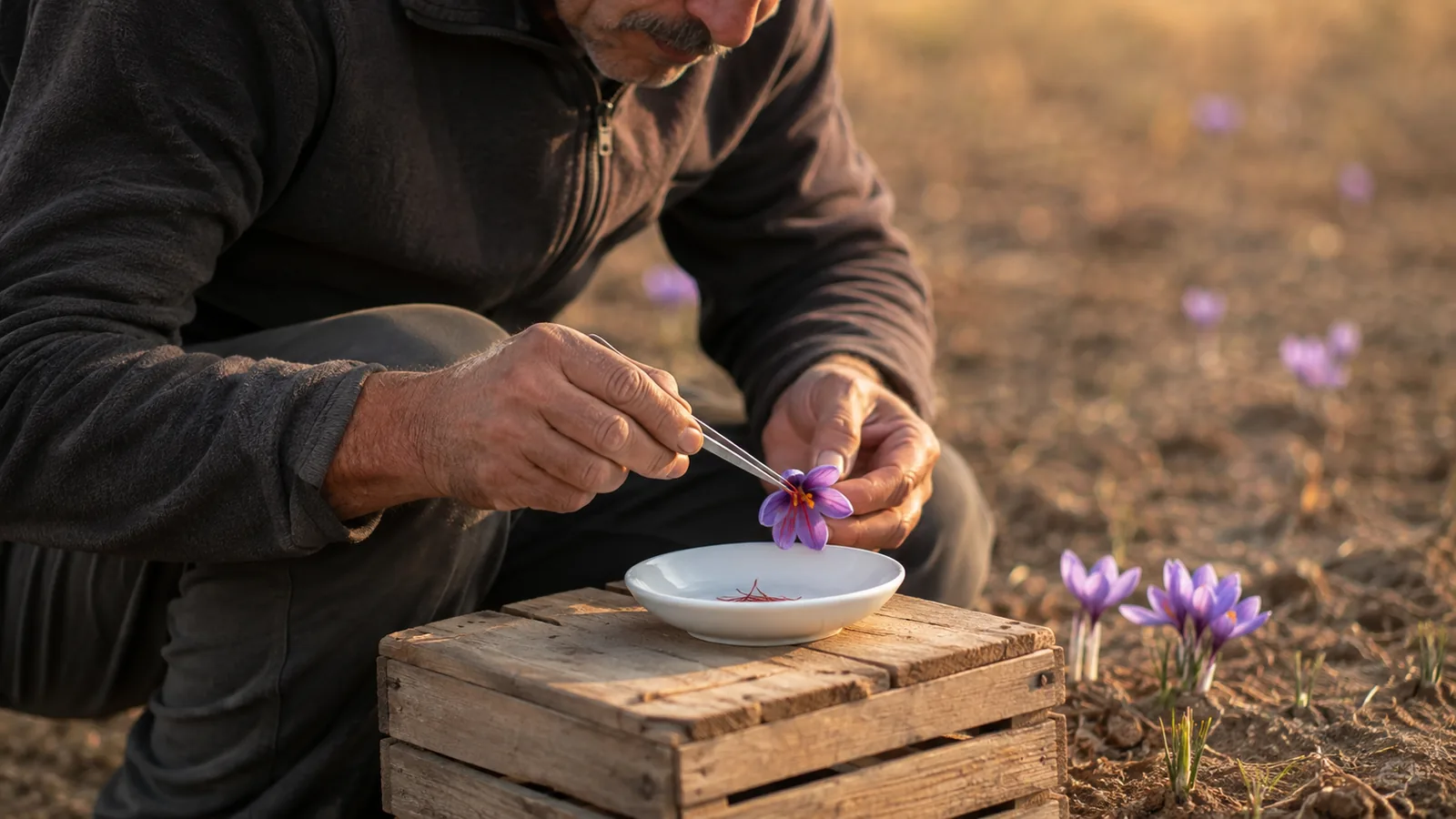 Saffron harvester separating three red stigmas from one flower into a dish