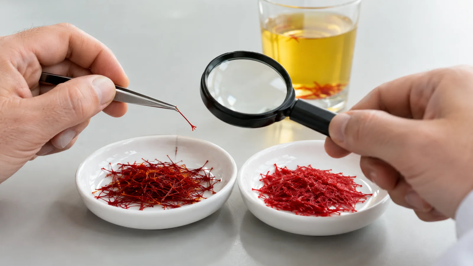 Technician comparing genuine saffron stigmas with uniform dyed plant fibres