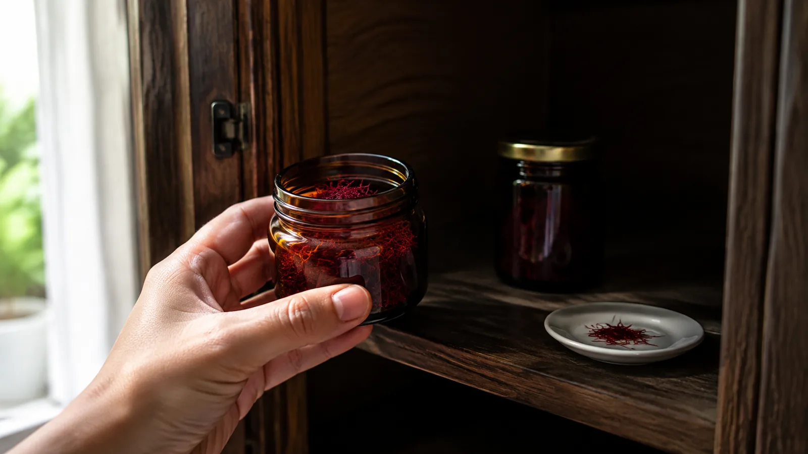Hand placing dry saffron threads in an amber airtight jar inside a dark cupboard