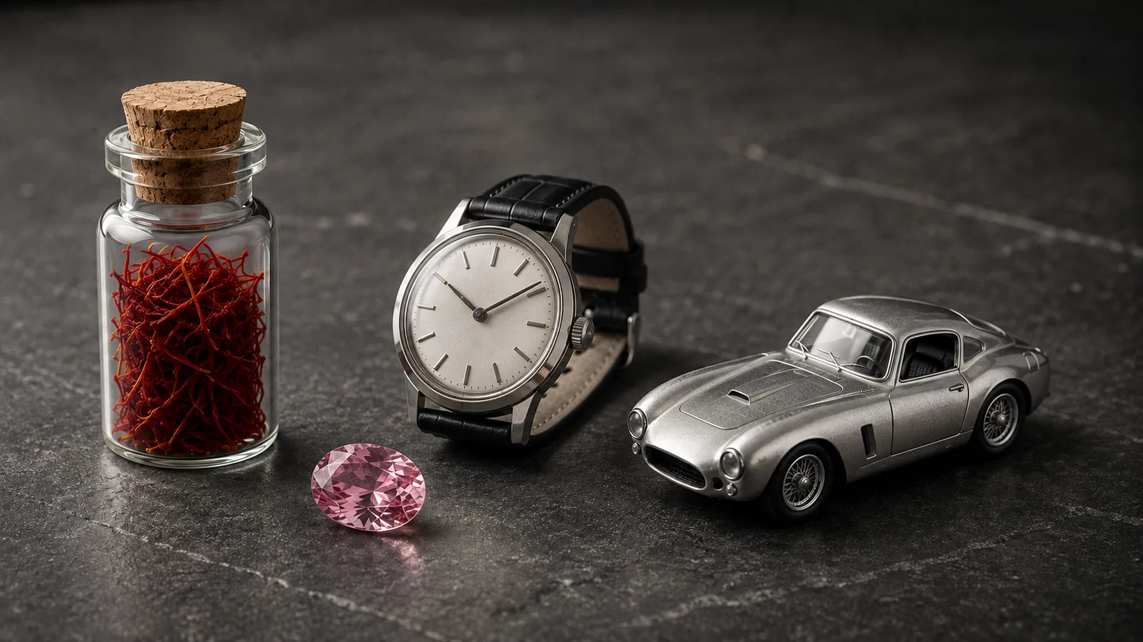 Saffron vial, pink gemstone, mechanical watch and silver model car on a dark display