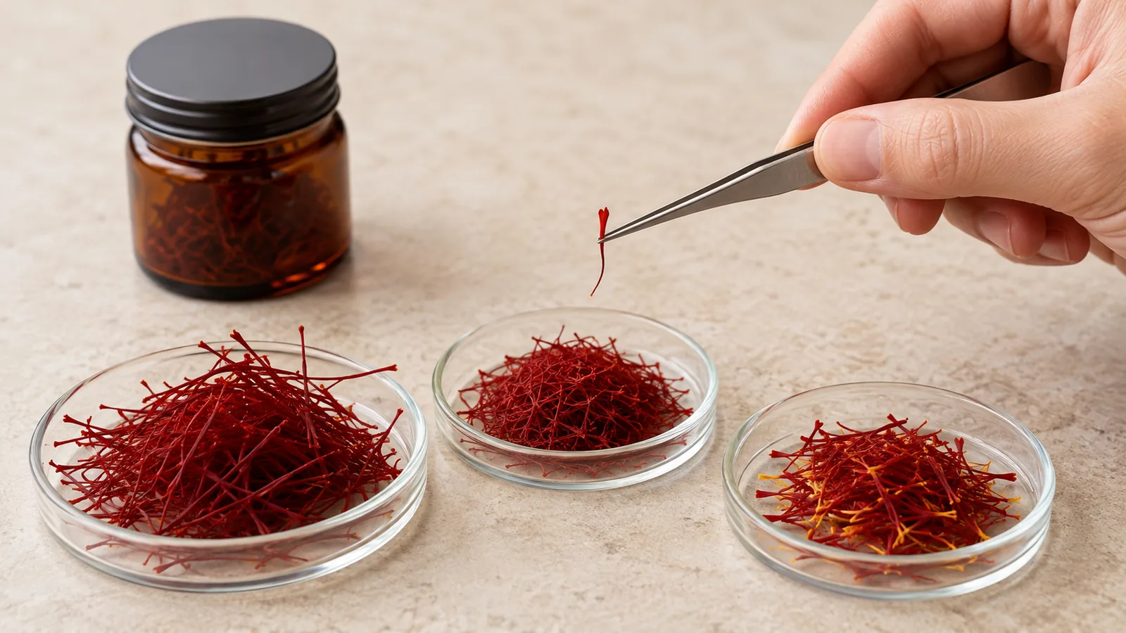 Three glass dishes comparing long Negin, all-red Sargol and Pushal saffron threads