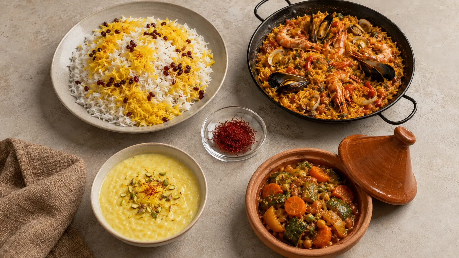 Persian saffron rice, Spanish paella, Indian kheer and Moroccan tagine around saffron threads